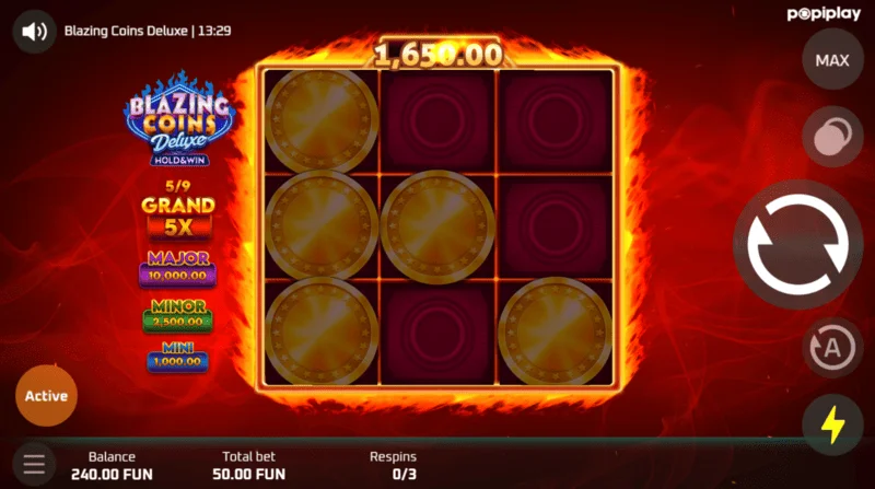 Blazing Coins Deluxe respiratsiooni mänguekraan