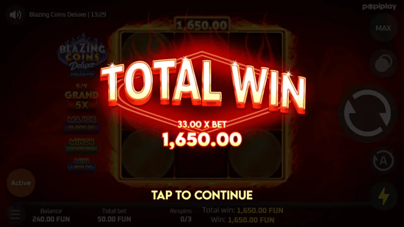 Blazing Coins Deluxe respiratsiooni üldvõit